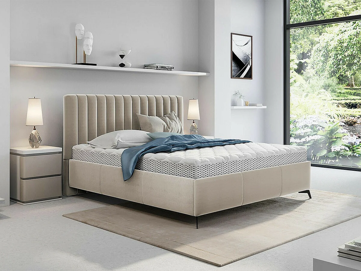 Lit ComfiDream Onana, Double, Brun clair, 180x200, Tissu, Disponible, 189x216x106cm