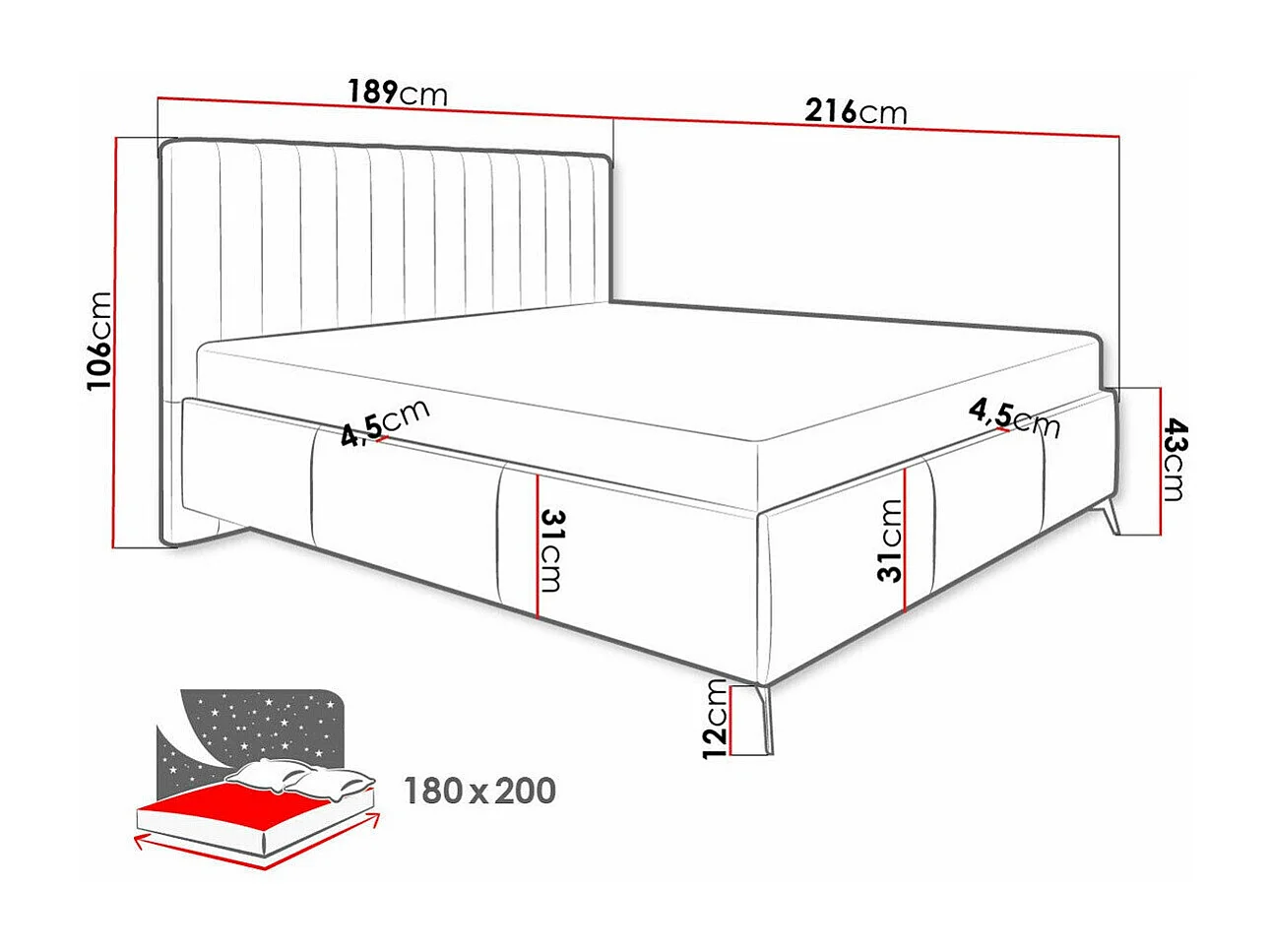 Lit ComfiDream Onana, Double, Brun clair, 180x200, Tissu, Disponible, 189x216x106cm