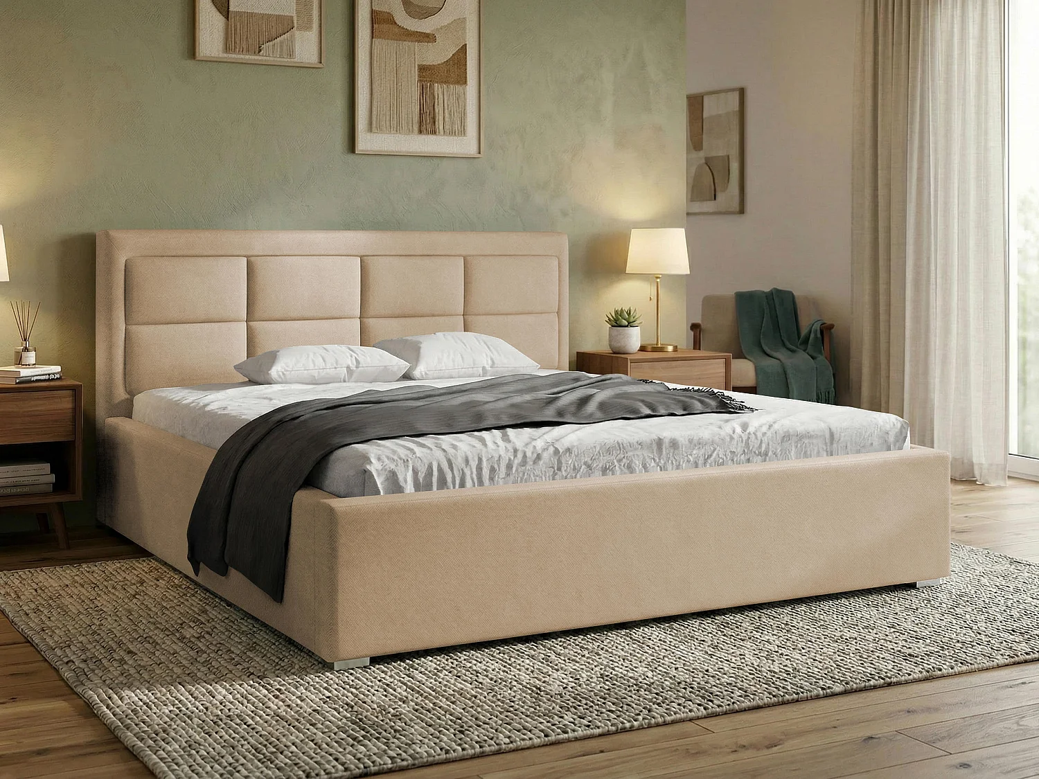 Lit Pomona 103, Double, Brun clair, 200x200, Tissu, Disponible, 220x223x93cm
