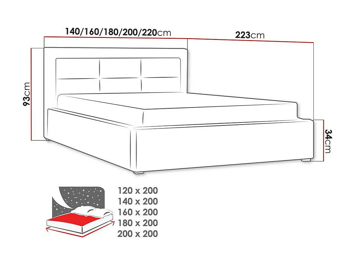 Lit Pomona 103, Double, Brun clair, 200x200, Tissu, Disponible, 220x223x93cm