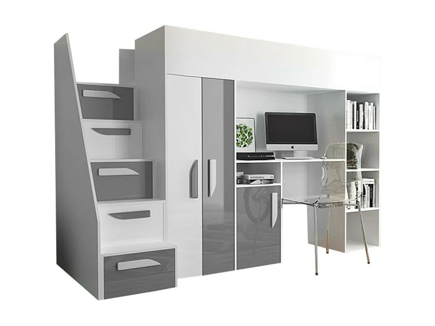 Letto alto Hartford 192, Singolo, Bianco, 90x200, Truciolare laminato, Reti a doghe,