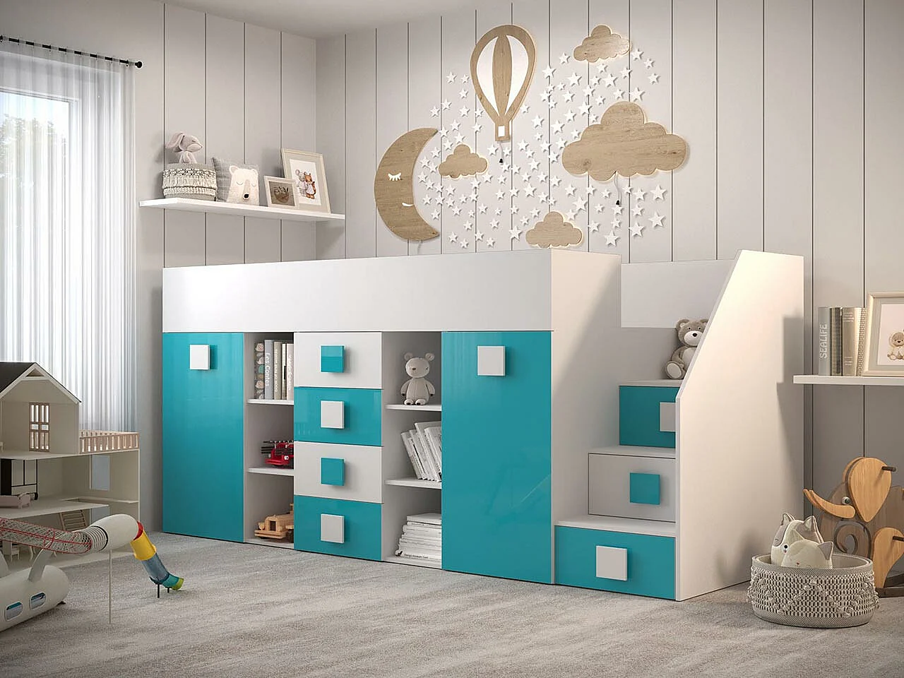 Lit haut Hartford 366, Unique, Turquoise, 90x200, Stratifié, Sommier à lattes, 94x249cm