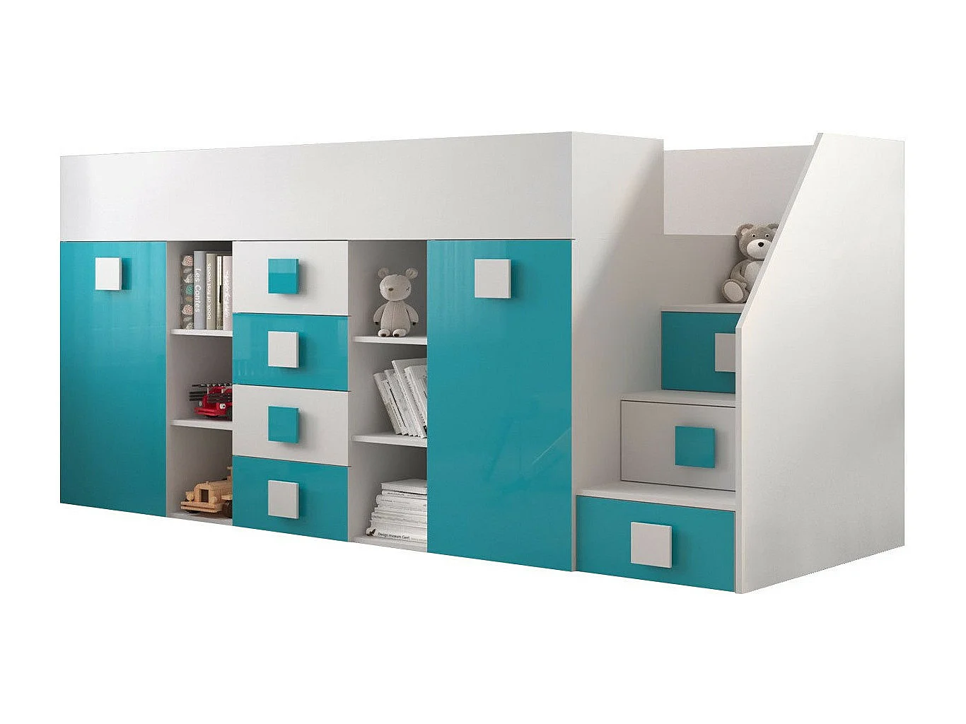 Lit haut Hartford 366, Unique, Turquoise, 90x200, Stratifié, Sommier à lattes, 94x249cm