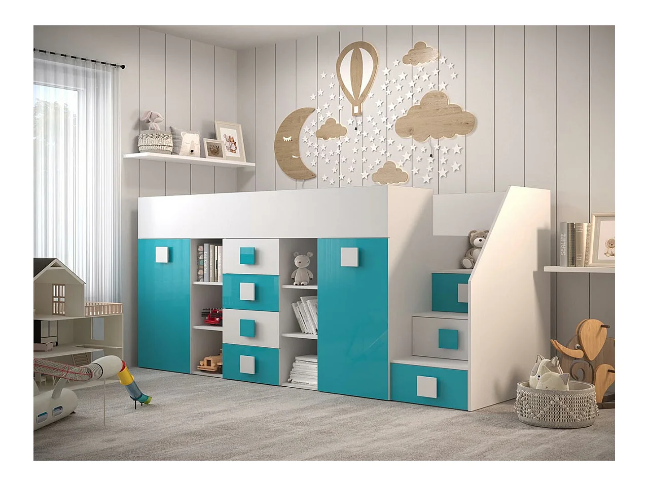 Lit haut Hartford 366, Unique, Turquoise, 90x200, Stratifié, Sommier à lattes, 94x249cm