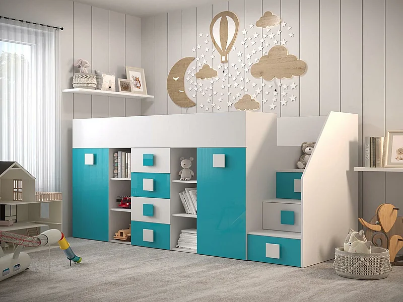 Cama alta Hartford 366, Individual, Turquesa, Estrados de cama