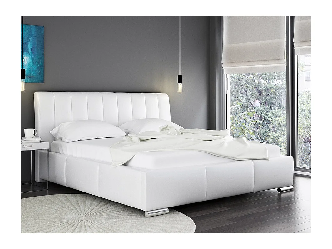 Cama Baltimore 109, Casal, Branco, Eco couro, Estrados de cama