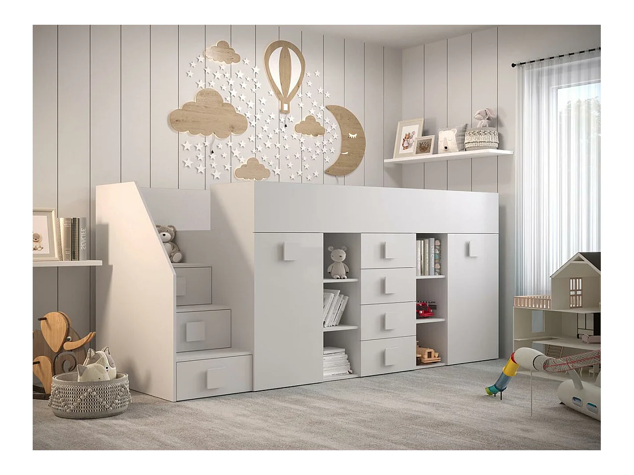 Lit haut Hartford 366, Unique, Blanc, 90x200, Stratifié, Sommier à lattes, 94x249x124cm