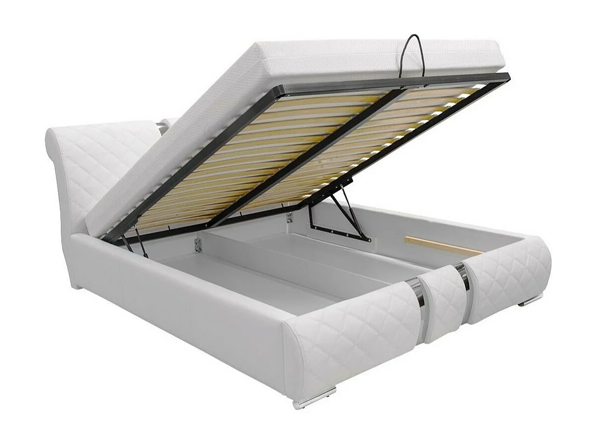 Cama Baltimore 103, Casal, Branco, Eco couro, Estrados de cama