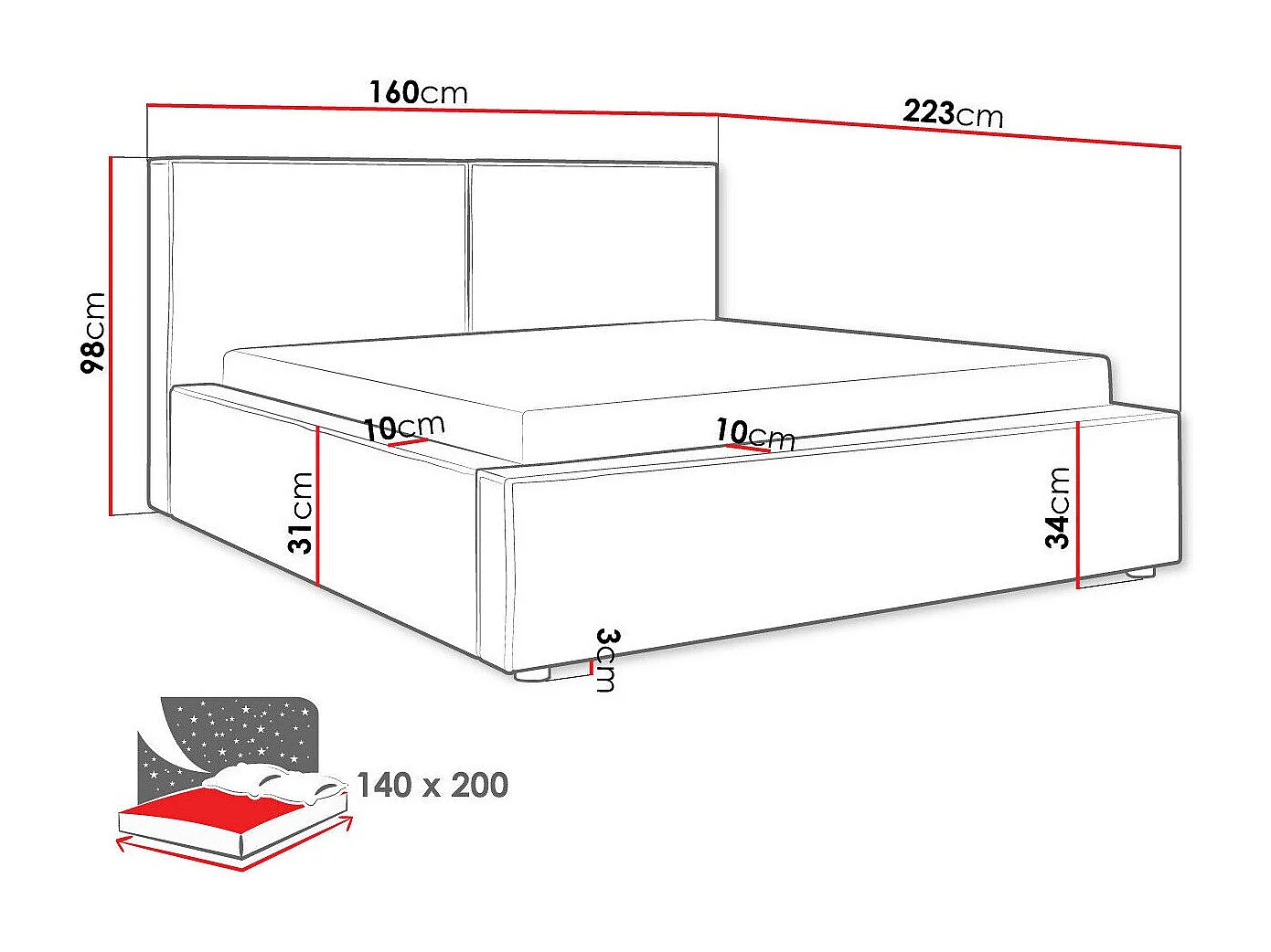 Lit TrendyNest 117, Double, Noir, 140x200, Tapisserie, Sommier à lattes, 160x223x98cm