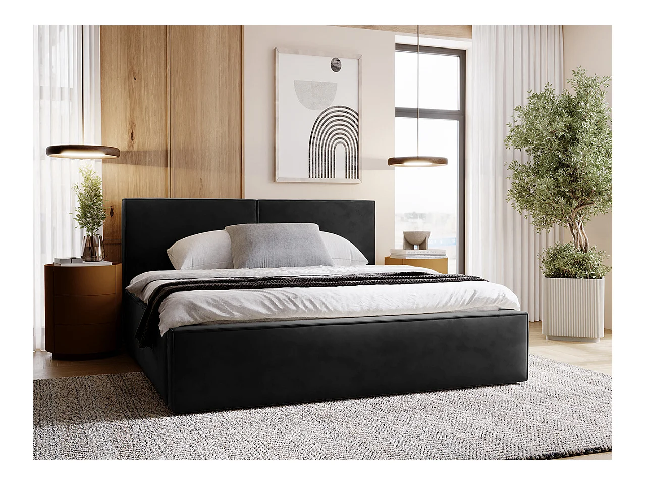 Cama TrendyNest 117, Doble, Negro, 140x200, Tapiz, Somieres, 160x223x98cm