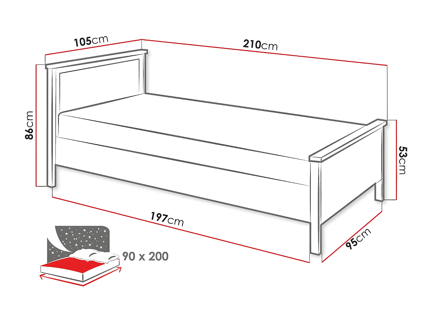 Lit Romelbo 109, Unique, Blanc, 90x200, Stratifié, Disponible, 105x210x86cm