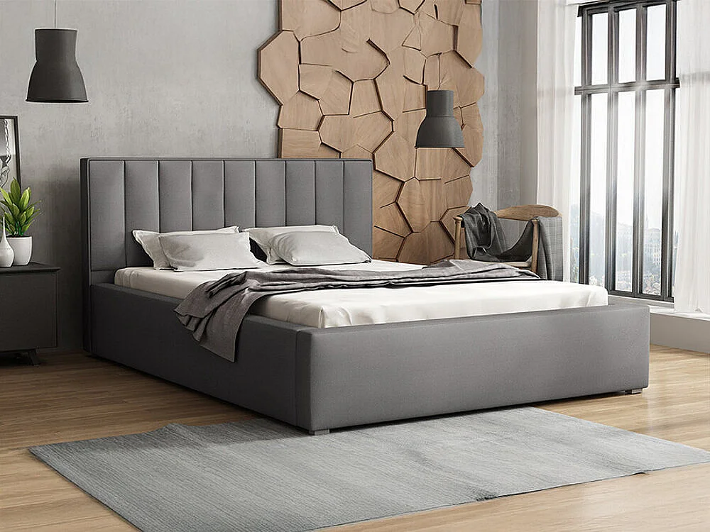 Lit Pomona 111, Double, Gris, 200x200, Tissu, Disponible, 220x223x93cm