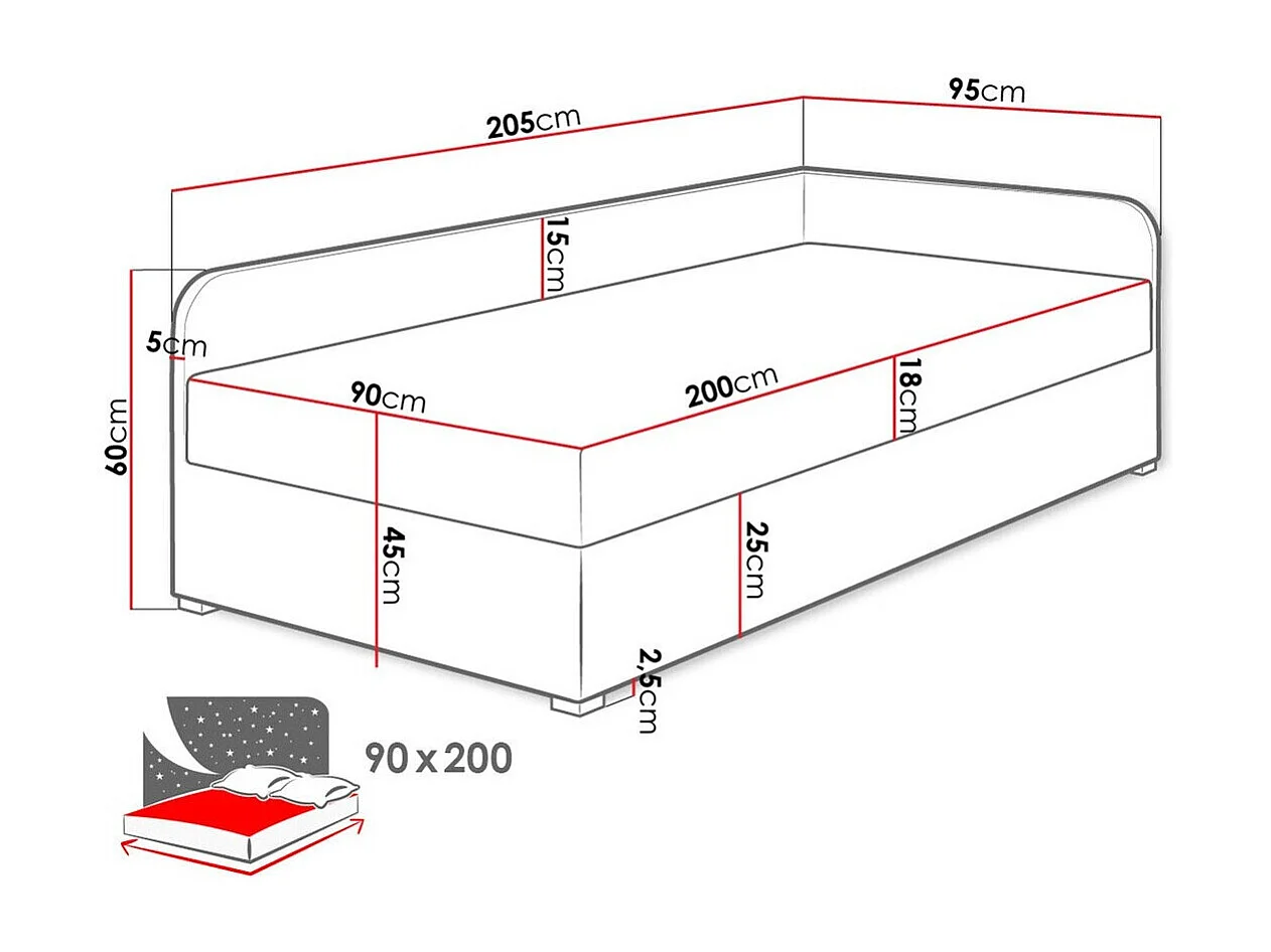 Cama Memphis 128, Individuales, Rojo, 90x200, Tapiz, Somieres, 95x205x60cm