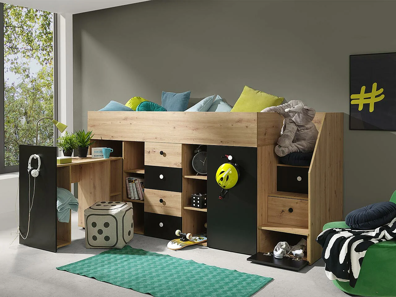 Letto alto Hartford 361, Singolo, Nocciola, 90x200, Truciolare laminato, Reti a doghe,