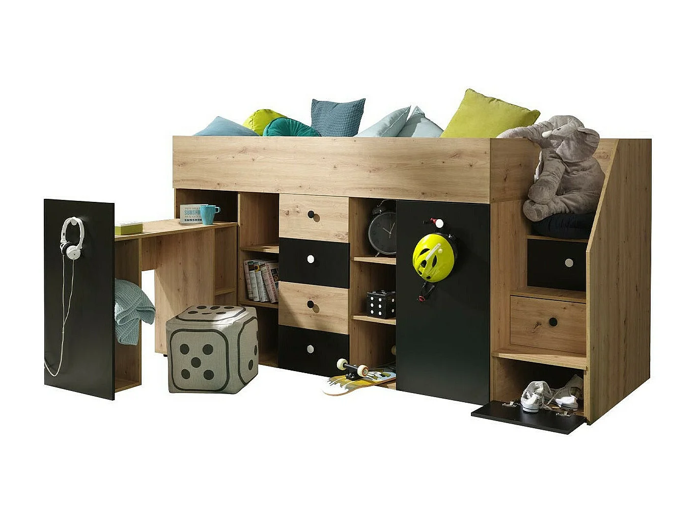 Letto alto Hartford 361, Singolo, Nocciola, 90x200, Truciolare laminato, Reti a doghe,