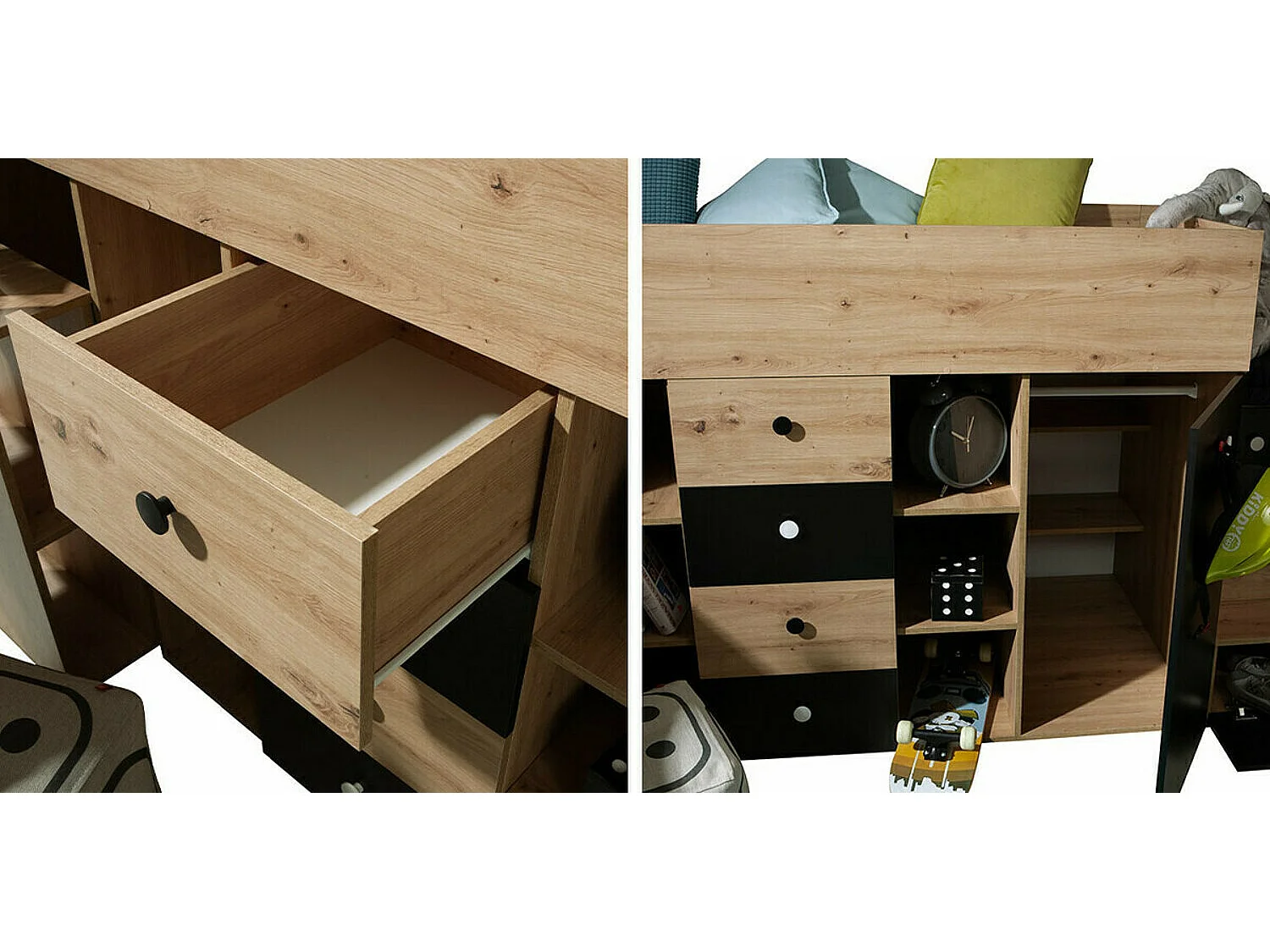 Letto alto Hartford 361, Singolo, Nocciola, 90x200, Truciolare laminato, Reti a doghe,