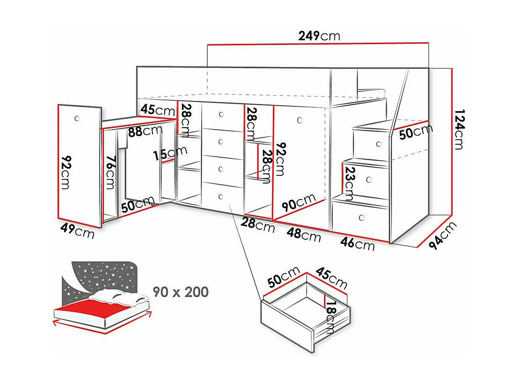 Letto alto Hartford 361, Singolo, Nocciola, 90x200, Truciolare laminato, Reti a doghe,