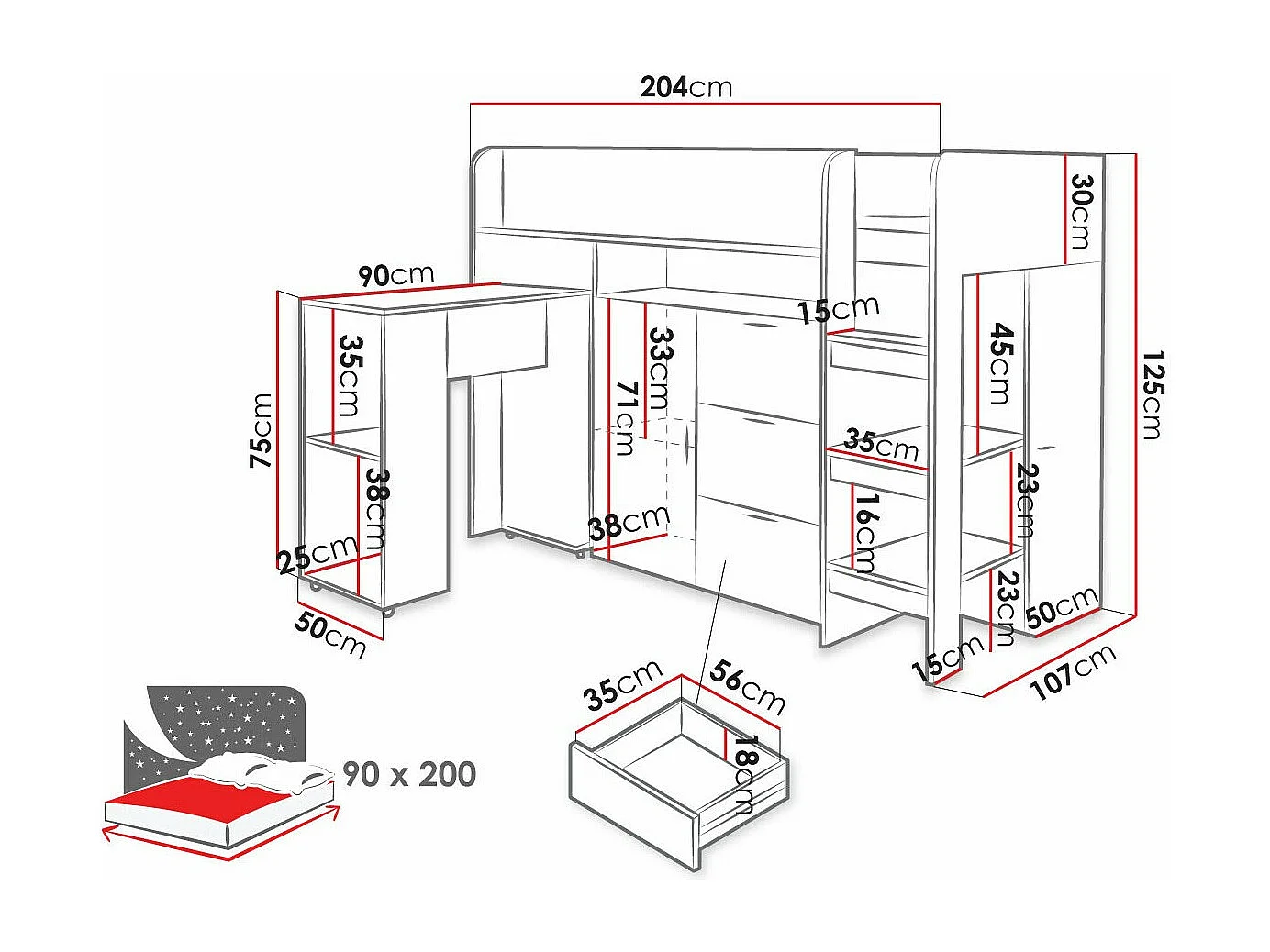 Litera Hartford 363, Individuales, Gris, 90x200, Aglomerado laminado, Somieres, 107x204cm