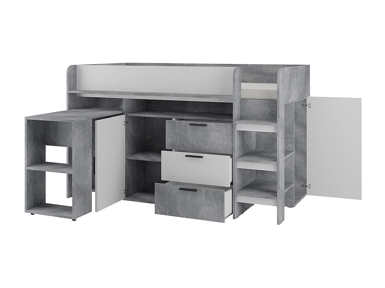 Lit haut Hartford 363, Unique, Gris, 90x200, Stratifié, Sommier à lattes, 107x204x125cm