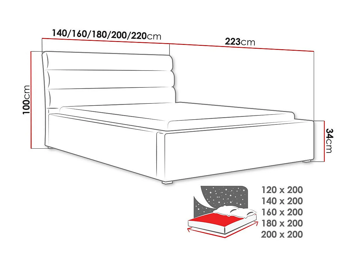 Lit Pomona 110, Unique, Crème, 120x200, Tissu, Disponible, 140x223x100cm