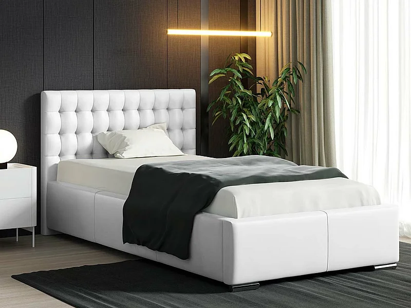 Cama Baltimore 104, Solteiro, Branco, Eco couro, Estrados de cama