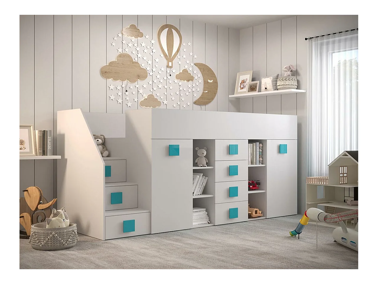 Letto alto Hartford 366, Singolo, Bianco, 90x200, Truciolare laminato, Reti a doghe, 94cm