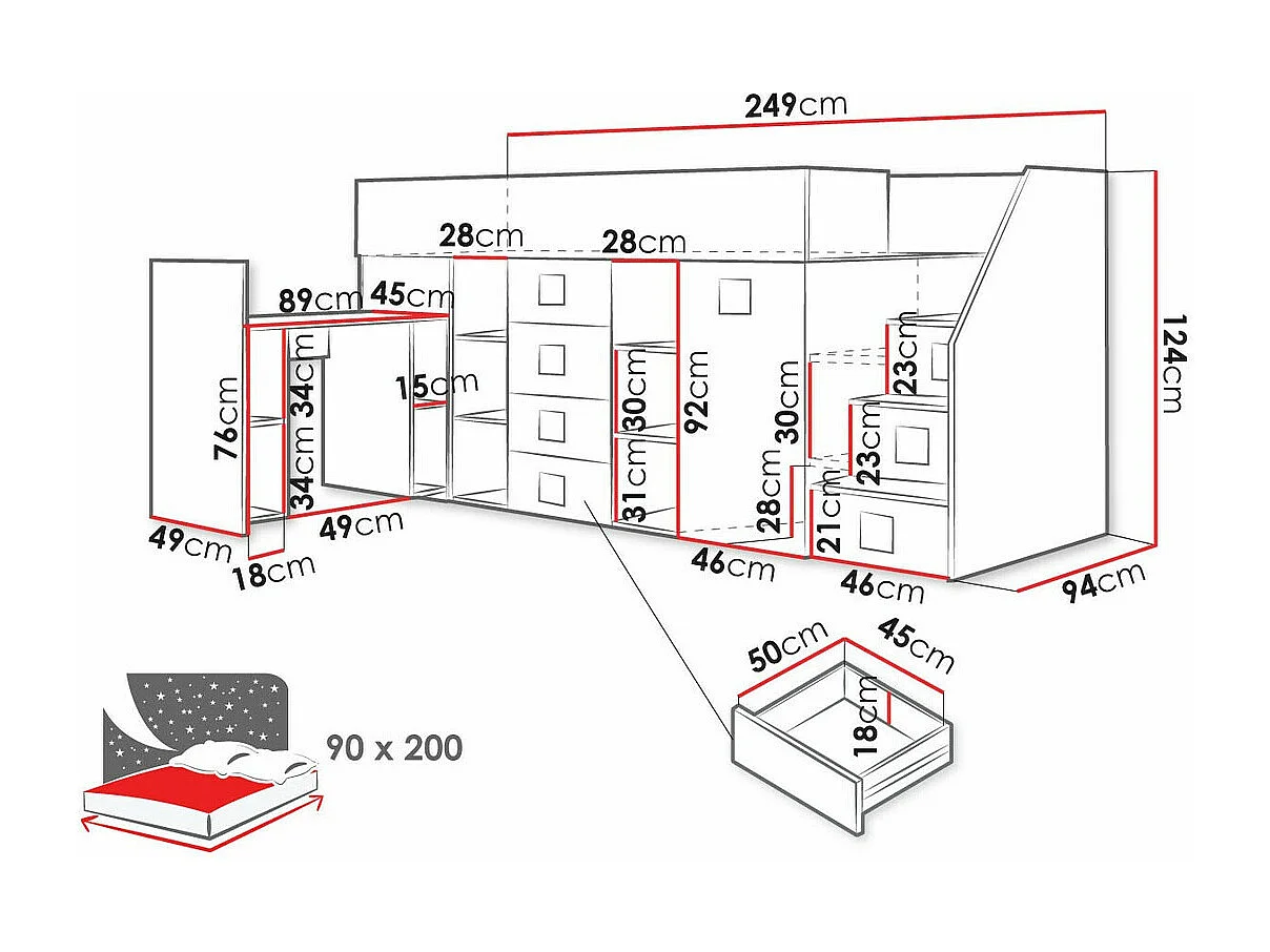 Letto alto Hartford 366, Singolo, Bianco, 90x200, Truciolare laminato, Reti a doghe, 94cm