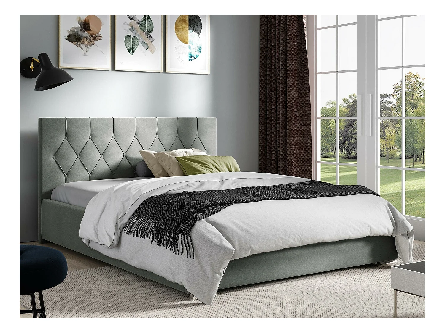 Cama Baltimore 160, Doble, Gris, 180x200, Tapiz, Somieres, 198x222x92cm