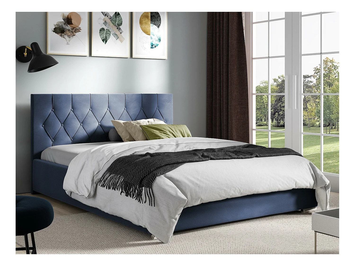 Cama Baltimore 160, Casal, Azul, Tecido, Estrados de cama, 20x22x9cm