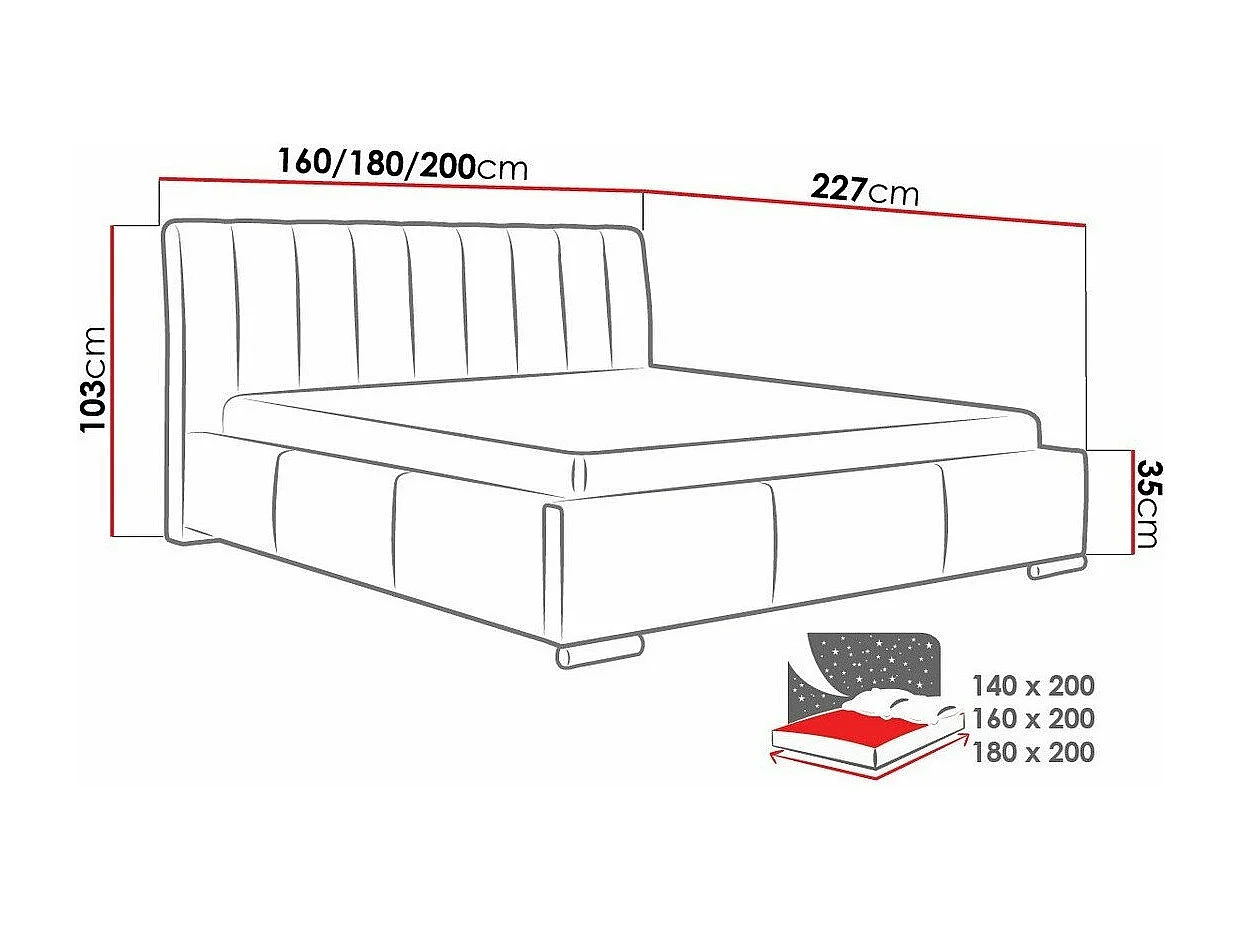 Cama Baltimore 109, Doble, Gris, 180x200, Tapiz, Somieres, 200x227x103cm