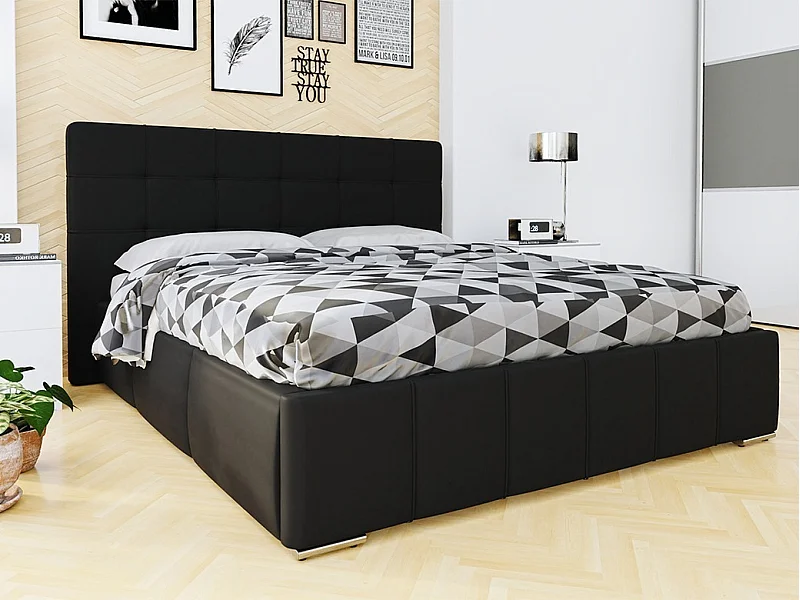 Lit Florence 101, Double, Noir, 160x200, Faux cuir, Sommier à lattes, 178x216x105cm