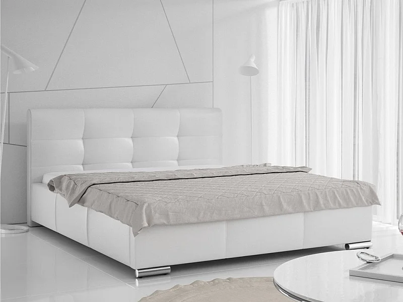 Cama Baltimore 108, Casal, Branco, Eco couro, Estrados de cama