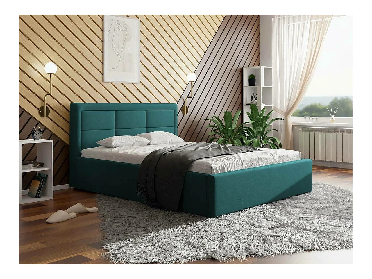 Lit Pomona 103, Double, Turquoise, 200x200, Tapisserie, Sommier à lattes, 220x223x93cm