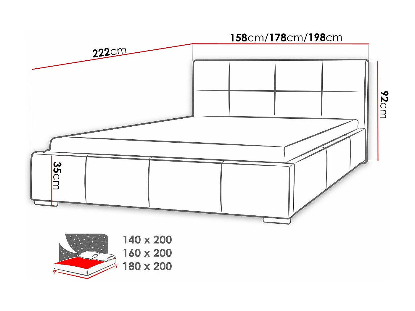 Cama Baltimore 122, Doble, Gris, 180x200, Tapiz, Somieres, 198x222x92cm