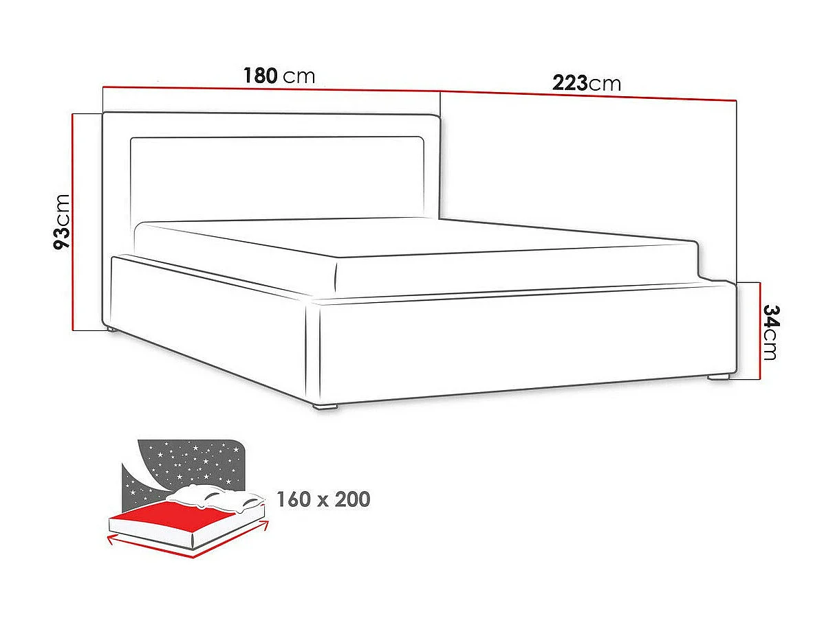 Cama Pomona 102, Doble, Negro, 160x200, Tapiz, Somieres, 180x223x93cm