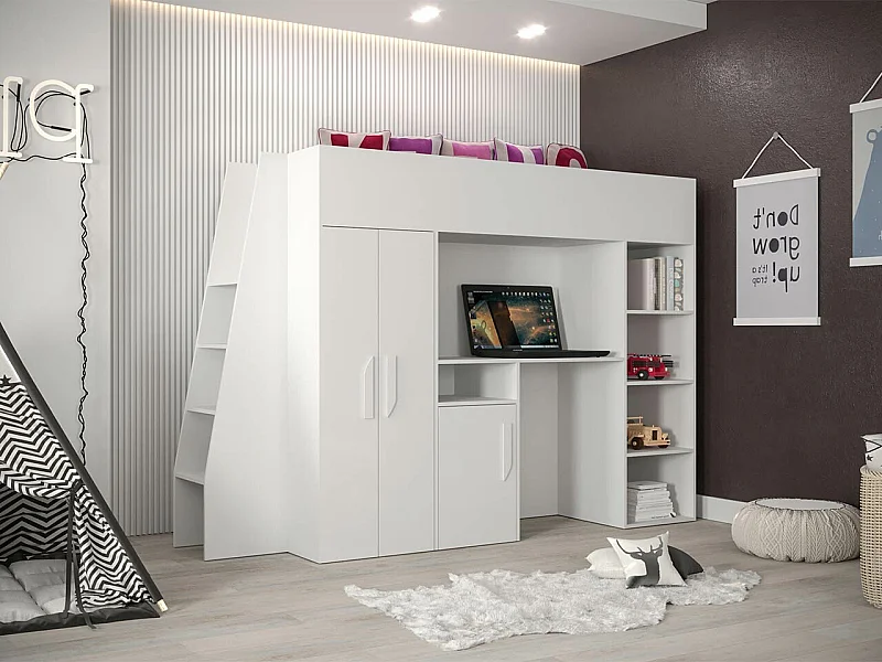 Lit haut Hartford 355, Unique, Blanc, 90x200, Stratifié, Sommier à lattes, 94x230x165cm