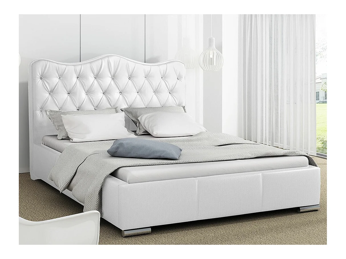 Cama Baltimore 141, Casal, Branco, Eco couro, Estrados de cama