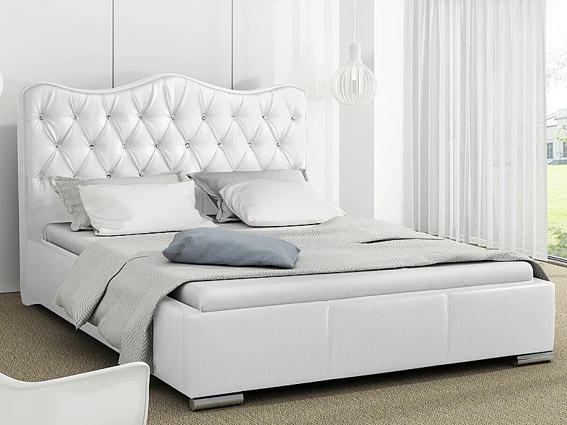 Cama Baltimore 141, Doble, Blanco, Cuero ecológico, Somieres, 160x218x100cm