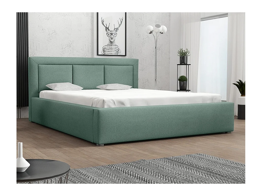 Lit Pomona 100, Double, Vert, 140x200, Tapisserie, Sommier à lattes, 160x223x93cm