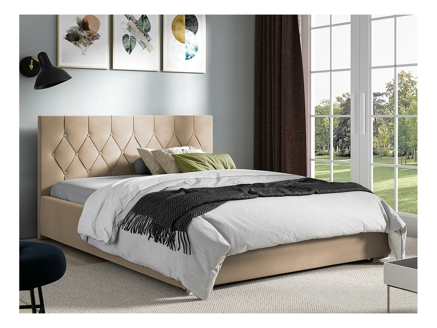 Cama Baltimore 160, Doble, De color marrón claro, 180x200, Tapiz, Somieres, 198x222x92cm
