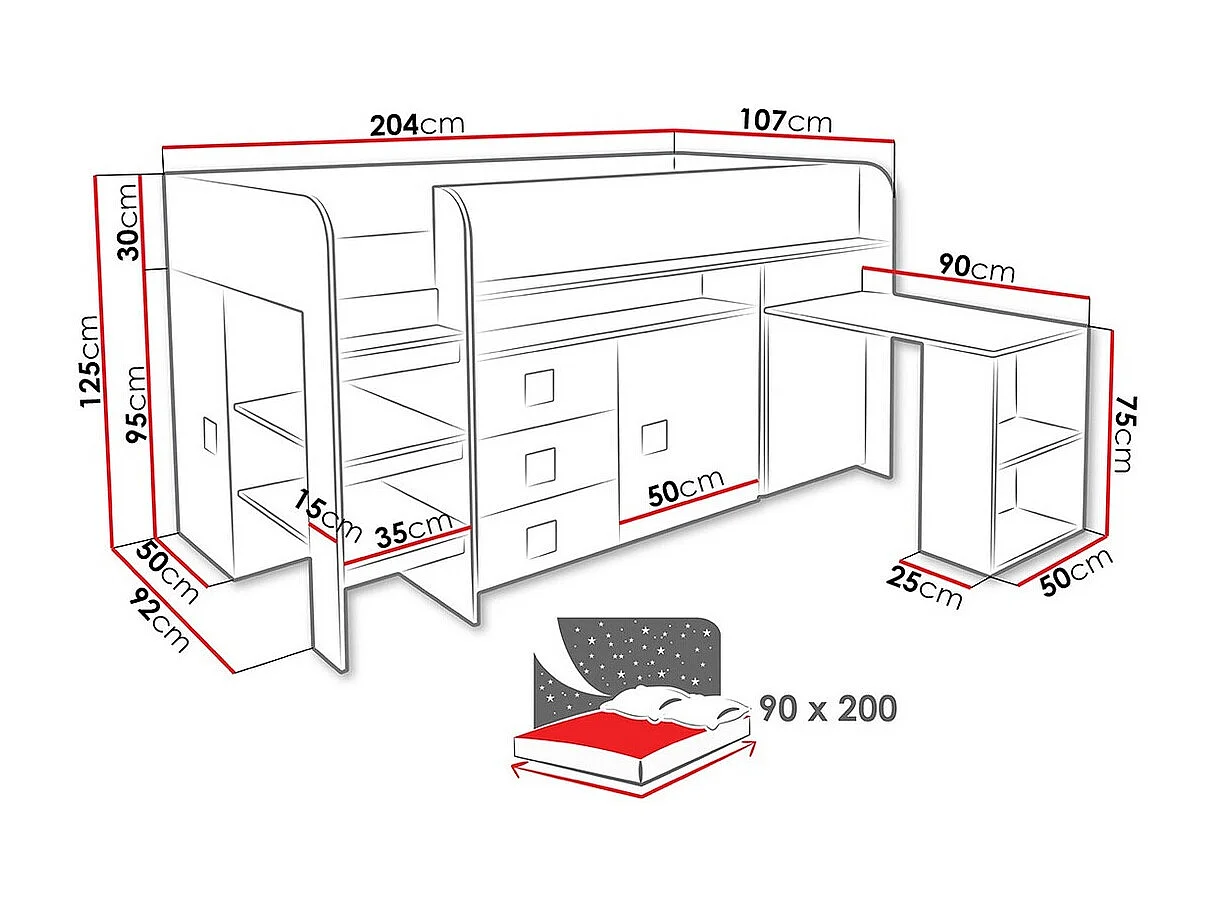 Cama Hartford 190, Individuales, Rosa, 90x200, Aglomerado laminado, Somieres, 107x204cm