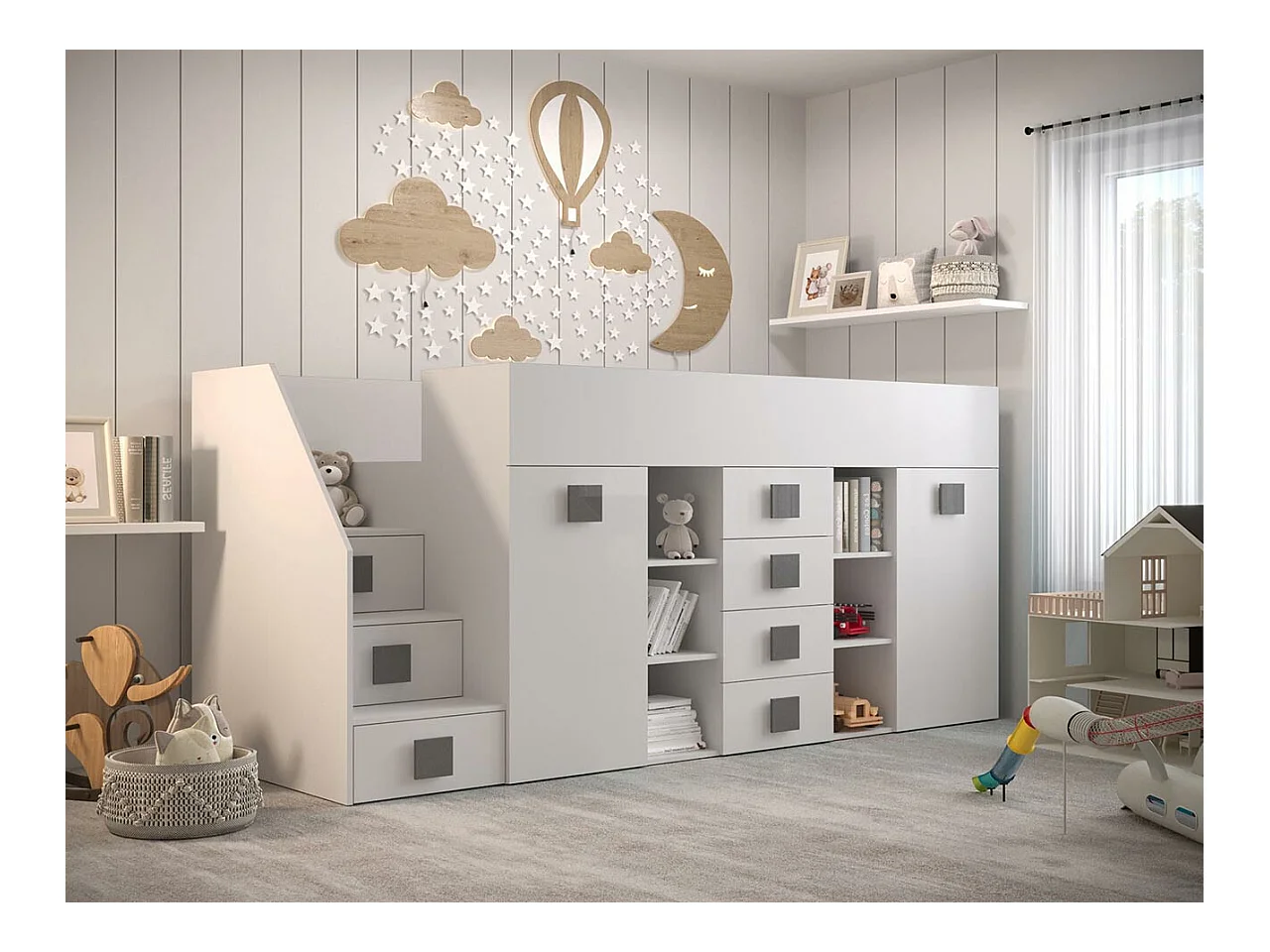 Letto alto Hartford 366, Singolo, Bianco, 90x200, Truciolare laminato, Reti a doghe, 94cm
