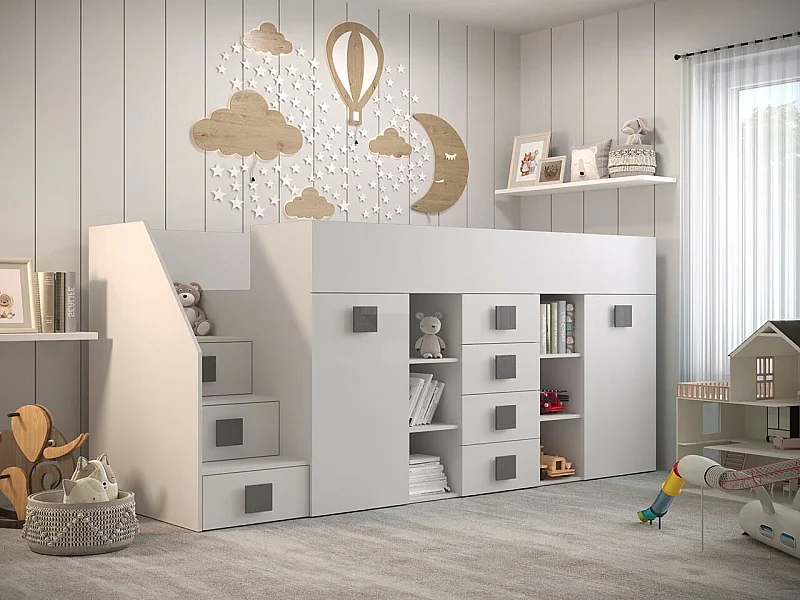 Letto alto Hartford 366, Singolo, Bianco, 90x200, Truciolare laminato, Reti a doghe, 94cm