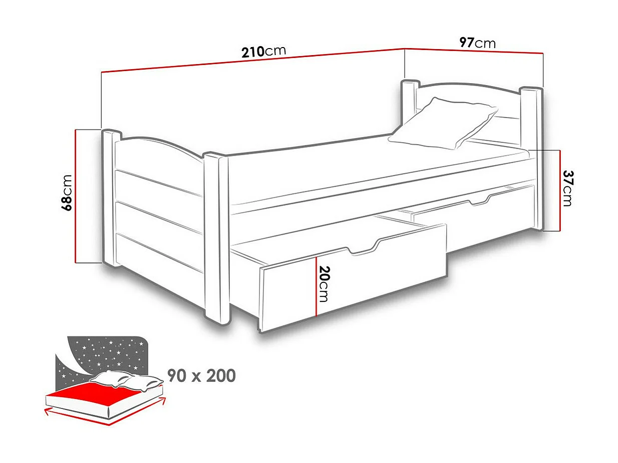 Cama Henderson 126, Individuales, Marrón, 90x200, Madera, Somieres, 97x210x68cm