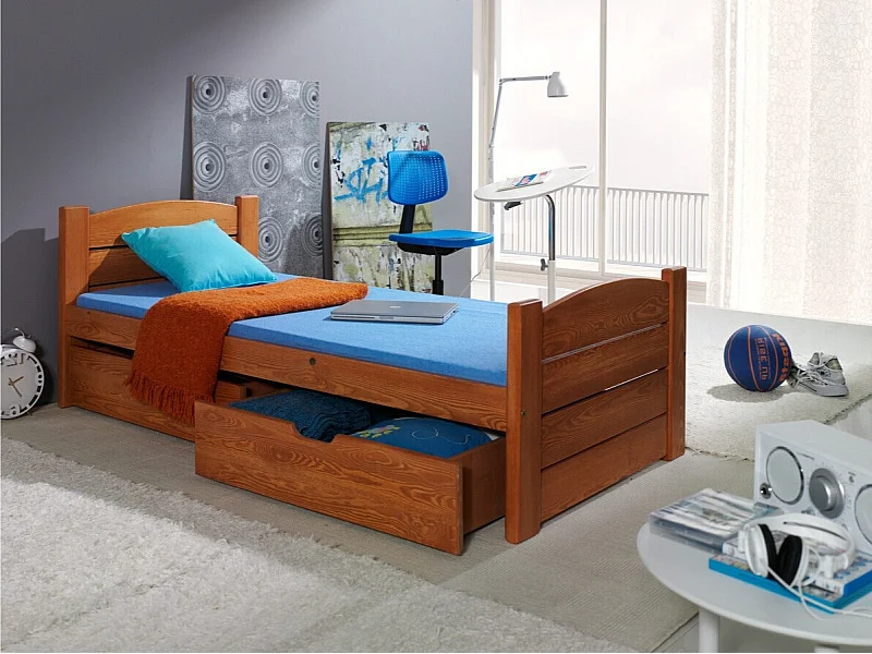 Cama Henderson 126, Individuales, Marrón, 90x200, Madera, Somieres, 97x210x68cm