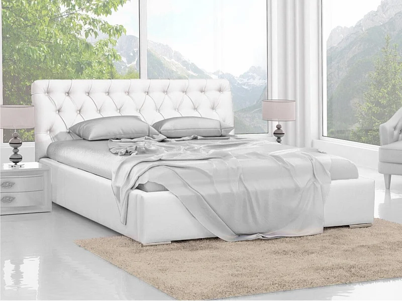 Cama Baltimore 101, Doble, Blanco, 160x200, Cuero ecológico, Somieres, 180x227x100cm