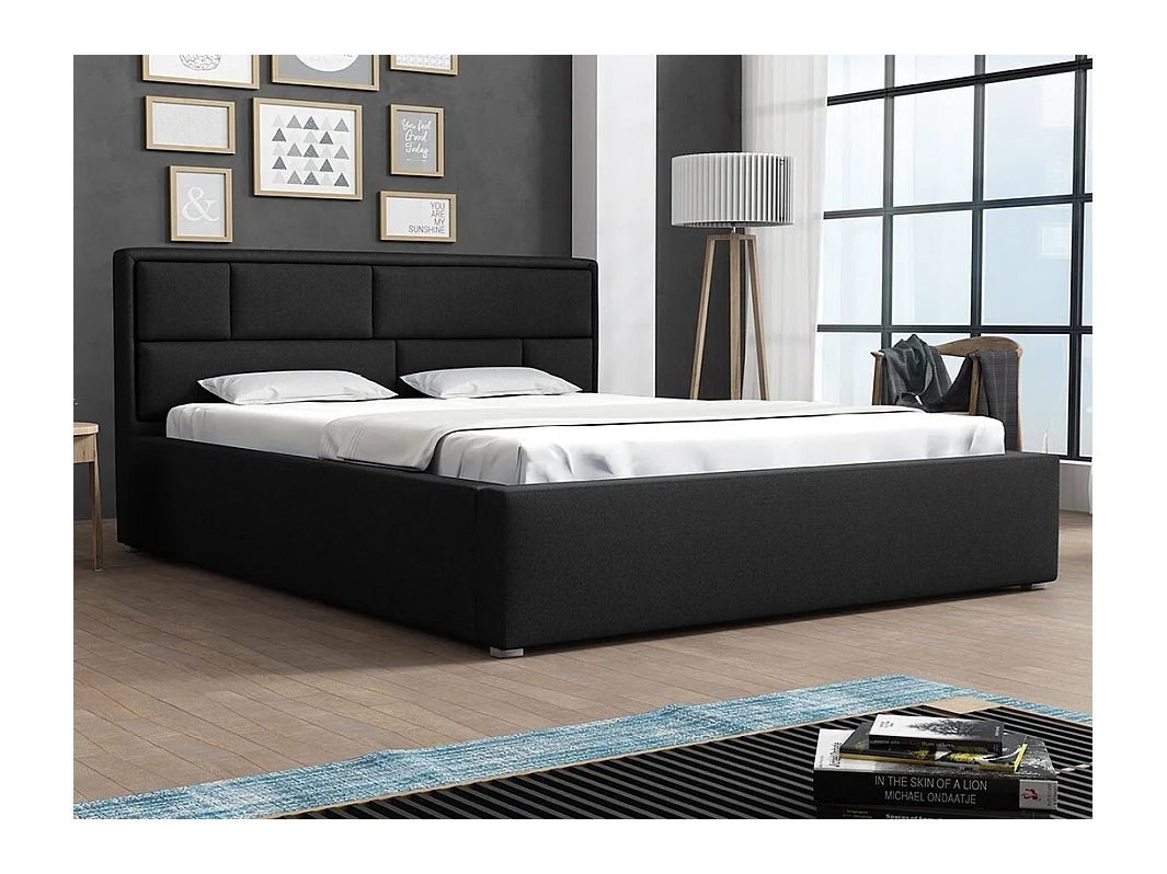 Cama Pomona 105, Doble, Negro, 140x200, Tapiz, Somieres, 160x223x93cm