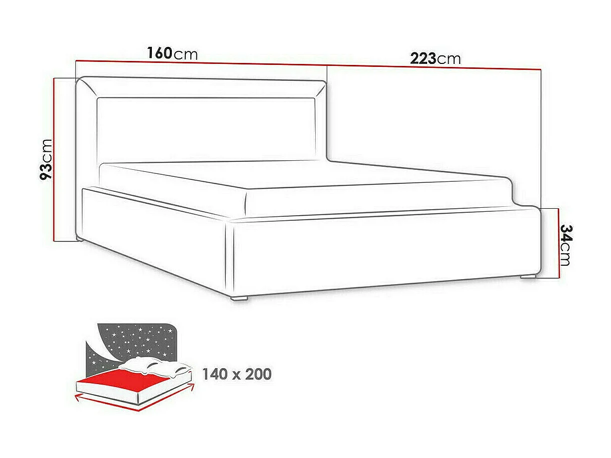 Lit Pomona 100, Double, Gris, 140x200, Tissu, Disponible, 160x223x93cm