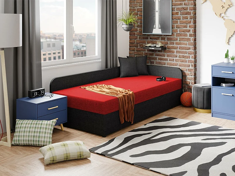 Lit Memphis 128, Unique, Rouge, 90x200, Tissu, Disponible, 95x205x60cm