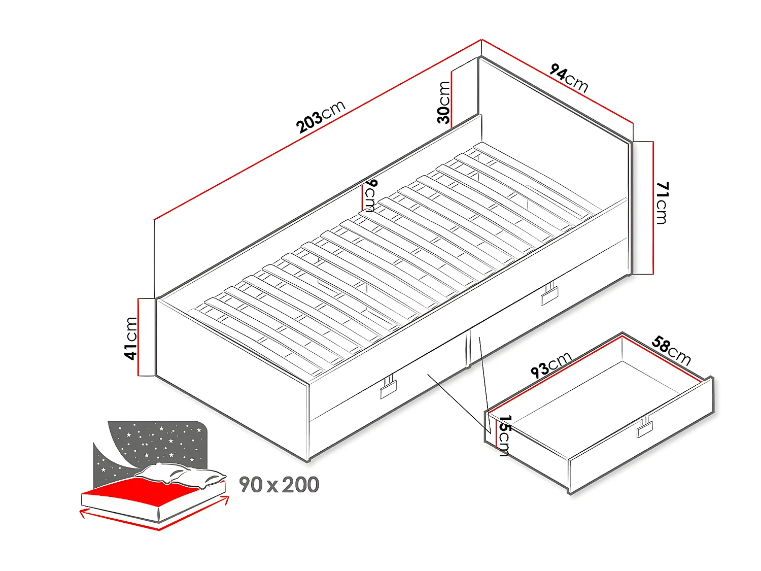 Letto Florevi 106, Singolo, Nocciola, 90x200, Truciolare laminato, Con, 93x203x71cm
